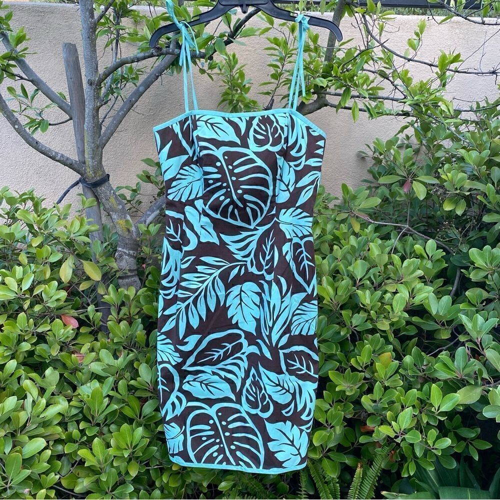 ETCETERA BLUE & BROWN FLORAL DRESS 8 Bow tie straps. Hawaii Vacation Summer EUC